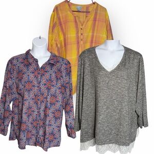 Catherines Lot of 3 Sz4X Career & Casual Tops Gray Lace Peach Tab Multi Button